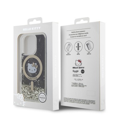 Apple iPhone 16 Pro Max Kılıf Hello Kitty Orjinal Lisanslı M-safe Şarj Özellikli IML Baskı Kitty Head Logolu Sıvılı Simli Altın Ateşi Kapak - 9