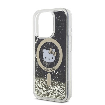 Apple iPhone 16 Pro Max Kılıf Hello Kitty Orjinal Lisanslı M-safe Şarj Özellikli IML Baskı Kitty Head Logolu Sıvılı Simli Altın Ateşi Kapak - 7