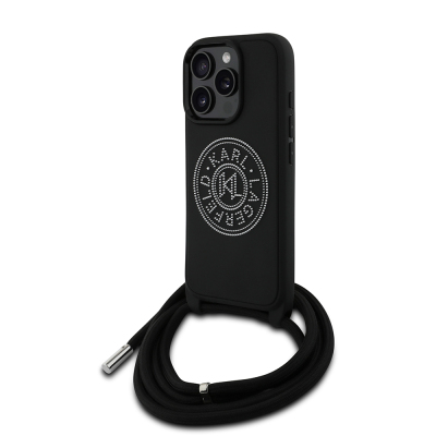 Apple iPhone 16 Pro Max Kılıf Karl Lagerfeld Orjinal Lisanslı Askı İpli Taşlı KL Yazılı Crossbody Cord Kapak - Karl Lagerfeld