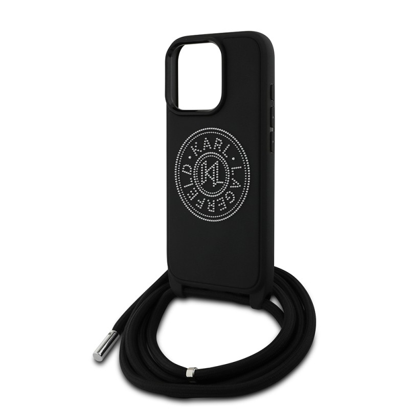 Apple iPhone 16 Pro Max Kılıf Karl Lagerfeld Orjinal Lisanslı Askı İpli Taşlı KL Yazılı Crossbody Cord Kapak - 6