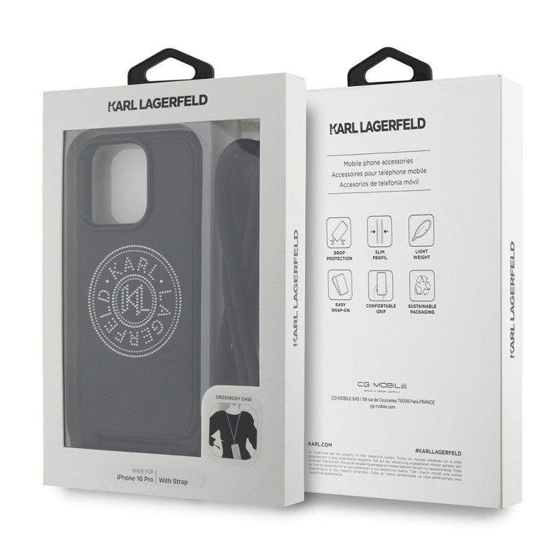 Apple iPhone 16 Pro Max Kılıf Karl Lagerfeld Orjinal Lisanslı Askı İpli Taşlı KL Yazılı Crossbody Cord Kapak - 8
