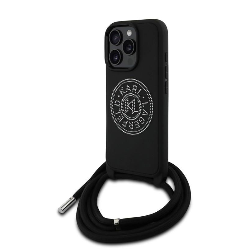 Apple iPhone 16 Pro Max Kılıf Karl Lagerfeld Orjinal Lisanslı Askı İpli Taşlı KL Yazılı Crossbody Cord Kapak - 2