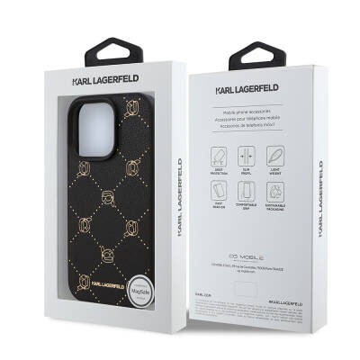 Apple iPhone 16 Pro Max Kılıf Karl Lagerfeld Orjinal Lisanslı M-safe Şarj Özellikli PU Deri Karl Heads Desenli Klasik Logolu Kapak - 9