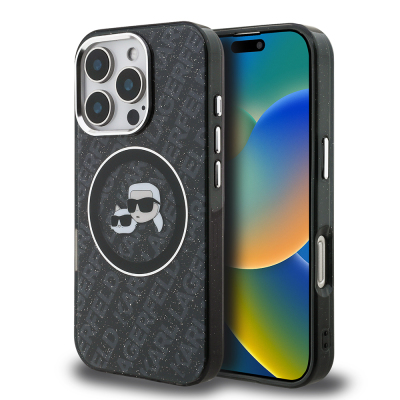 Apple iPhone 16 Pro Max Kılıf Karl Lagerfeld Orjinal Lisanslı Parlayan Simli Karl & Choupette Heads Kapak - Karl Lagerfeld