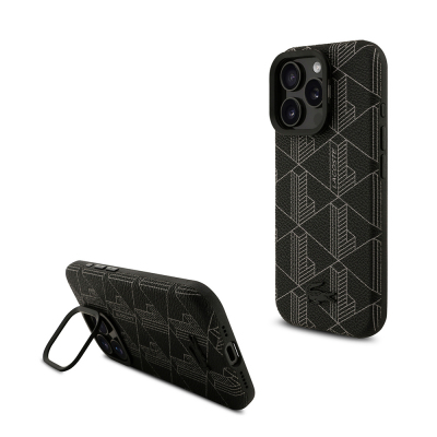 Apple iPhone 16 Pro Max Kılıf Lacoste Orjinal Lisanslı M-safe Şarj Özellikli Standlı PU Deri Karışık Monogram Desenli Kapak - Lacoste