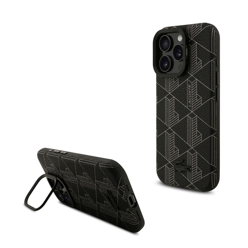 Apple iPhone 16 Pro Max Kılıf Lacoste Orjinal Lisanslı M-safe Şarj Özellikli Standlı PU Deri Karışık Monogram Desenli Kapak - 1