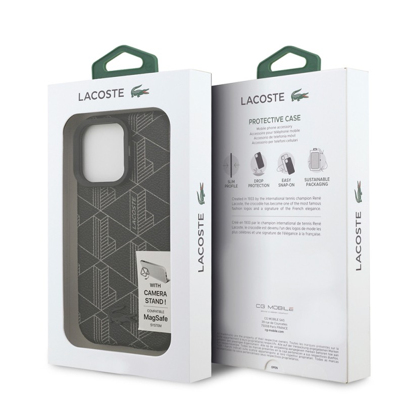 Apple iPhone 16 Pro Max Kılıf Lacoste Orjinal Lisanslı M-safe Şarj Özellikli Standlı PU Deri Karışık Monogram Desenli Kapak - 9