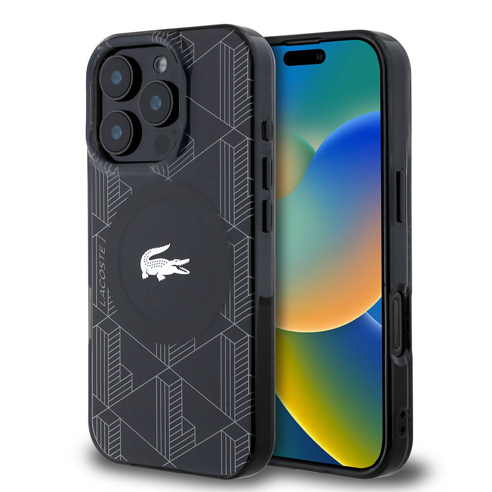 Apple iPhone 16 Pro Max Kılıf Lacoste Orjinal Lisanslı M-safe Şarj Özellikli IML Baskılı Gümüş Timsah Logolu Monogram Kapak - Siyah