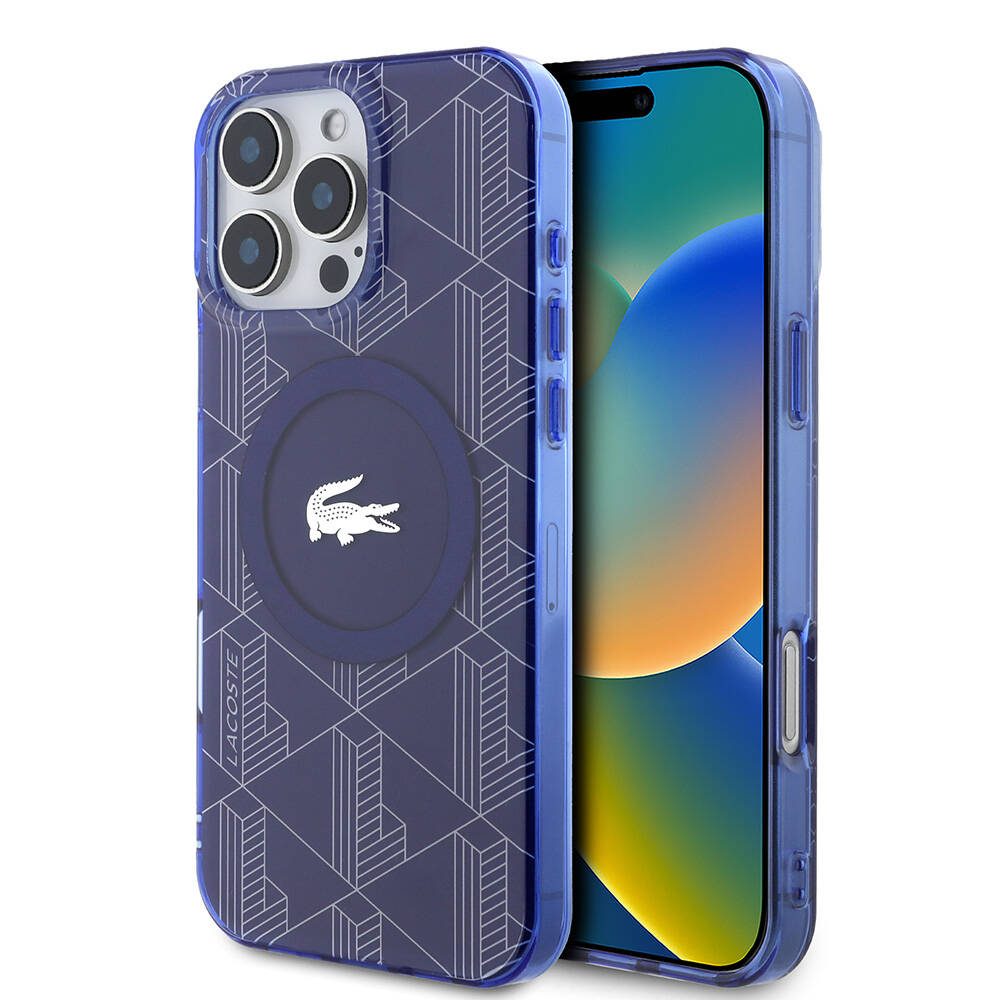Apple iPhone 16 Pro Max Kılıf Lacoste Orjinal Lisanslı M-safe Şarj Özellikli IML Baskılı Gümüş Timsah Logolu Monogram Kapak - Lacivert