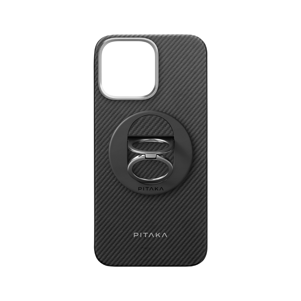 Apple iPhone 16 Pro Max Kılıf M-safe Şarj Özellikli Grip 3 Standlı 600D Aramid Fiber Pitaka Ultra-Slim Classic Serisi Black-Grey Twill Kapak - Siyah-Gri
