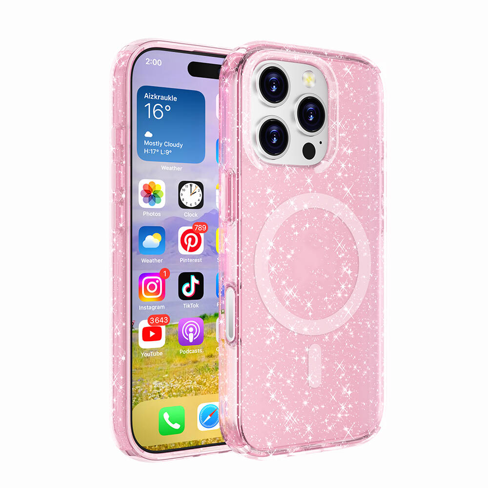 Apple iPhone 16 Pro Max Kılıf M-safe Şarj Özellikli Parlayan Simli Saydam Renkli Zore Allstar Kapak - Pembe