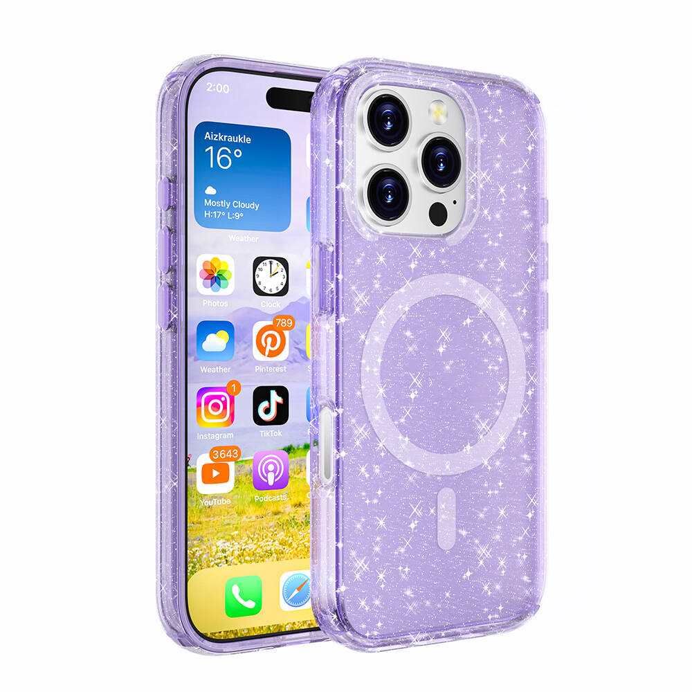 Apple iPhone 16 Pro Max Kılıf M-safe Şarj Özellikli Parlayan Simli Saydam Renkli Zore Allstar Kapak - Mor