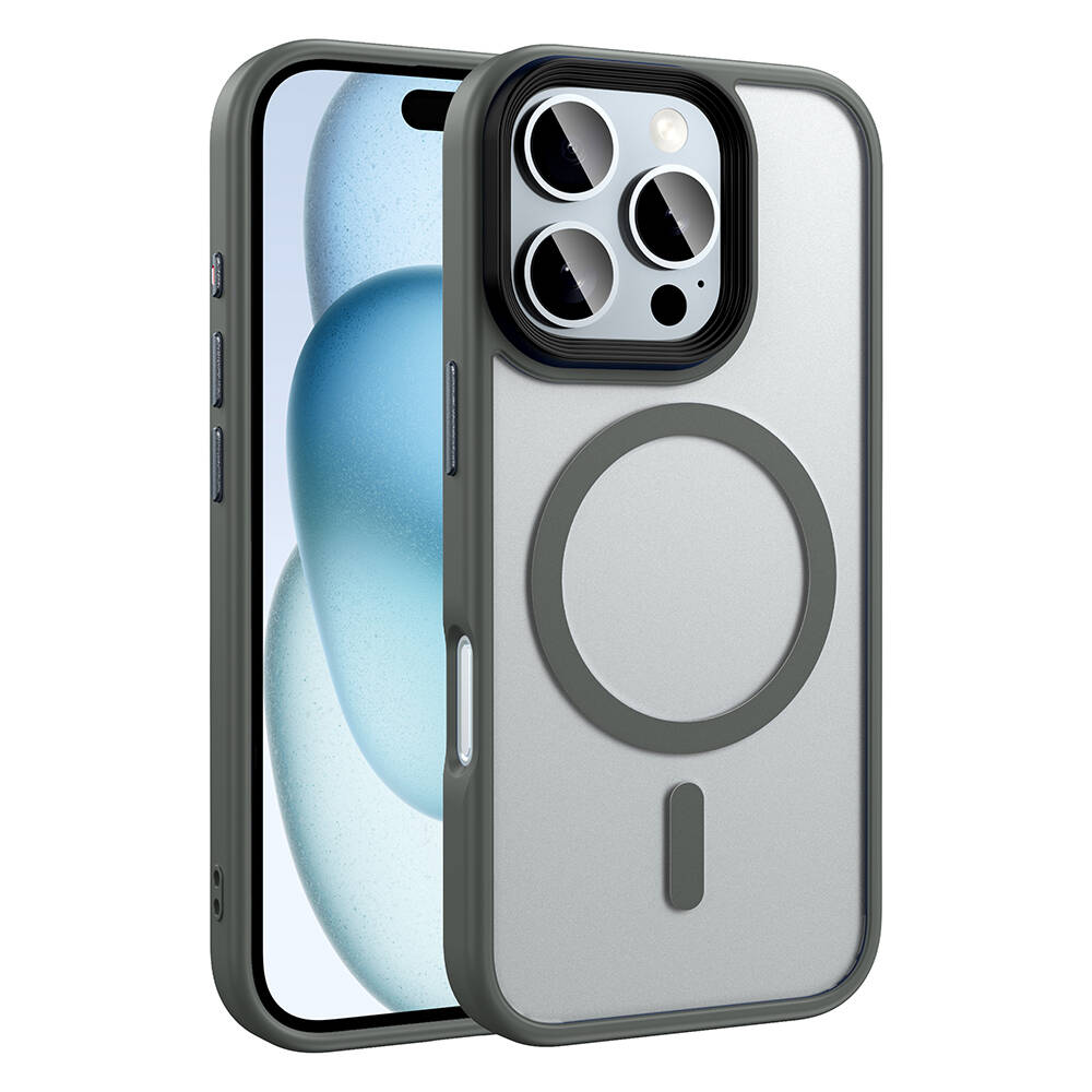 Apple iPhone 16 Pro Max Kılıf Mat Arka Yüzey Wireless Şarj Özellikli Zore Flet M-safe Kapak - Titanyum-Gri
