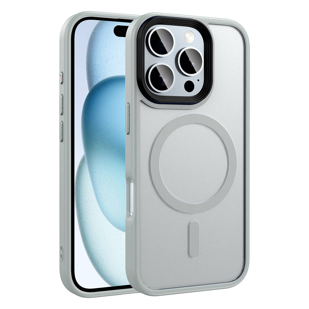 Apple iPhone 16 Pro Max Kılıf Mat Arka Yüzey Wireless Şarj Özellikli Zore Flet M-safe Kapak - Gümüş