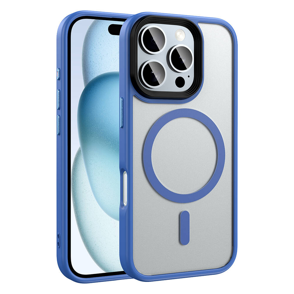 Apple iPhone 16 Pro Max Kılıf Mat Arka Yüzey Wireless Şarj Özellikli Zore Flet M-safe Kapak - Mavi