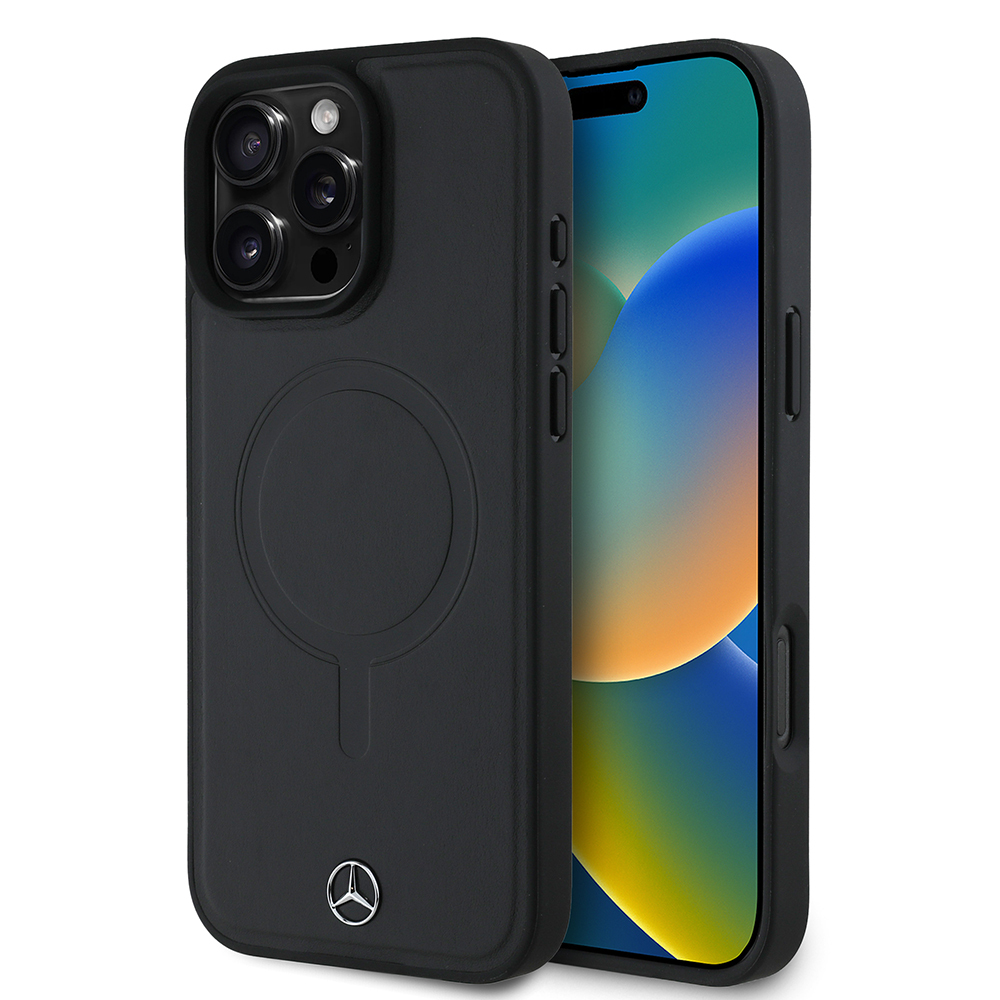 Apple iPhone 16 Pro Max Kılıf Mercedes Benz Orjinal Lisanslı M-safe Şarj Özellikli Metal Yıldız Logolu Sade Pürüzsüz Deri Kapak - Siyah