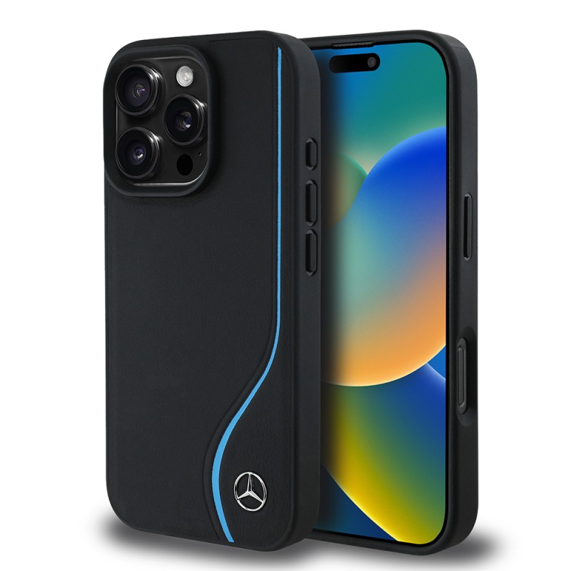 Apple iPhone 16 Pro Max Kılıf Mercedes Benz Orjinal Lisanslı M-safe Şarj Özellikli 3D Metal Logolu Mavi Dikey Eğri Çizgili Deri Kapak - 8