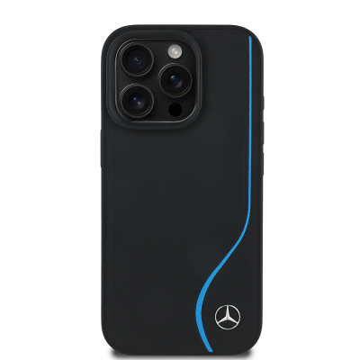 Apple iPhone 16 Pro Max Kılıf Mercedes Benz Orjinal Lisanslı M-safe Şarj Özellikli 3D Metal Logolu Mavi Dikey Eğri Çizgili Deri Kapak - Mercedes Benz