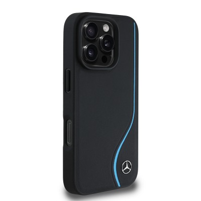 Apple iPhone 16 Pro Max Kılıf Mercedes Benz Orjinal Lisanslı M-safe Şarj Özellikli 3D Metal Logolu Mavi Dikey Eğri Çizgili Deri Kapak - 4