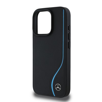 Apple iPhone 16 Pro Max Kılıf Mercedes Benz Orjinal Lisanslı M-safe Şarj Özellikli 3D Metal Logolu Mavi Dikey Eğri Çizgili Deri Kapak - 5