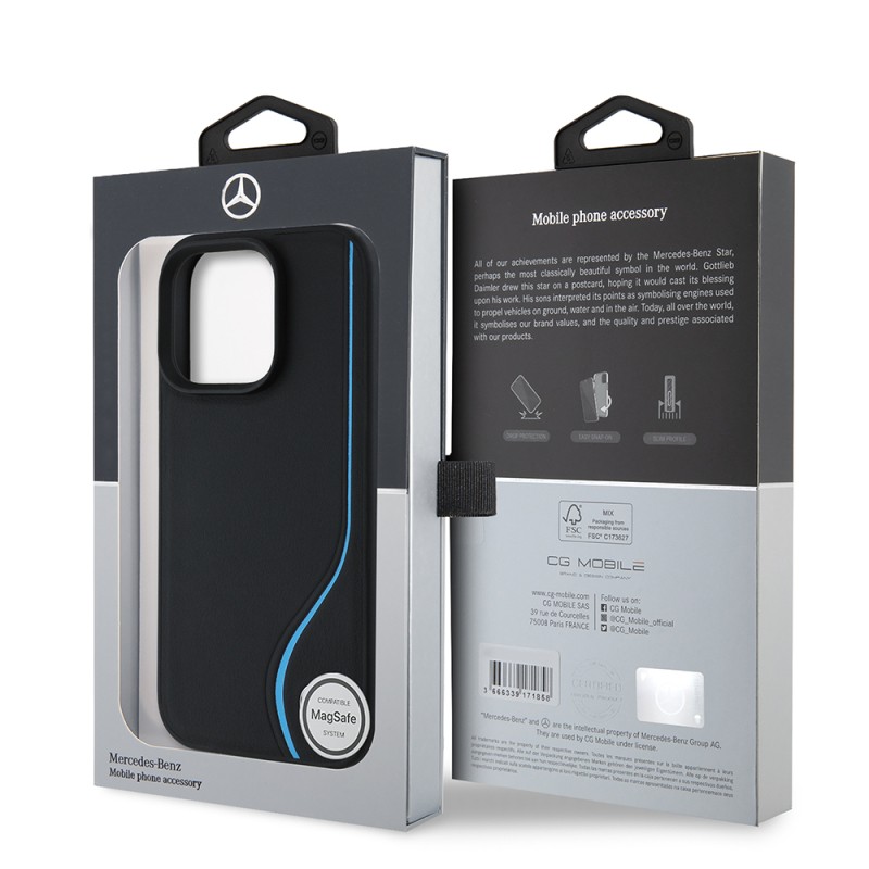 Apple iPhone 16 Pro Max Kılıf Mercedes Benz Orjinal Lisanslı M-safe Şarj Özellikli 3D Metal Logolu Mavi Dikey Eğri Çizgili Deri Kapak - 9