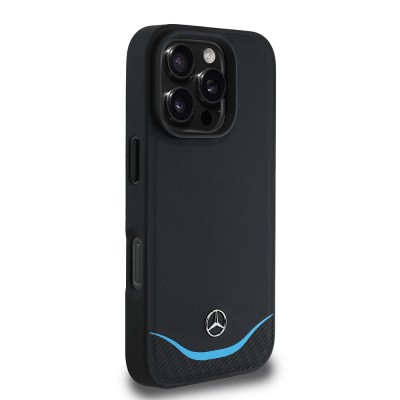 Apple iPhone 16 Pro Max Kılıf Mercedes Benz Orjinal Lisanslı M-safe Şarj Özellikli 3D Metal Logolu Mavi Yatay Eğri Çizgili Deri Kapak - 4