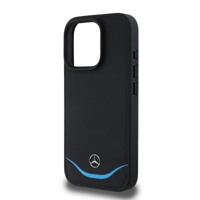 Apple iPhone 16 Pro Max Kılıf Mercedes Benz Orjinal Lisanslı M-safe Şarj Özellikli 3D Metal Logolu Mavi Yatay Eğri Çizgili Deri Kapak - 5