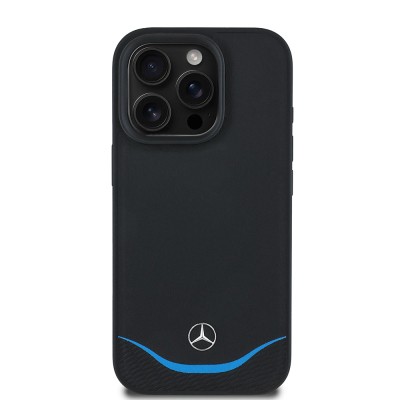 Apple iPhone 16 Pro Max Kılıf Mercedes Benz Orjinal Lisanslı M-safe Şarj Özellikli 3D Metal Logolu Mavi Yatay Eğri Çizgili Deri Kapak Siyah