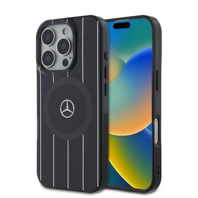 Apple iPhone 16 Pro Max Kılıf Mercedes Benz Orjinal Lisanslı M-safe Şarj Özellikli Çift Katmanlı Paralel Çizgi Desenli Kapak - Mercedes Benz