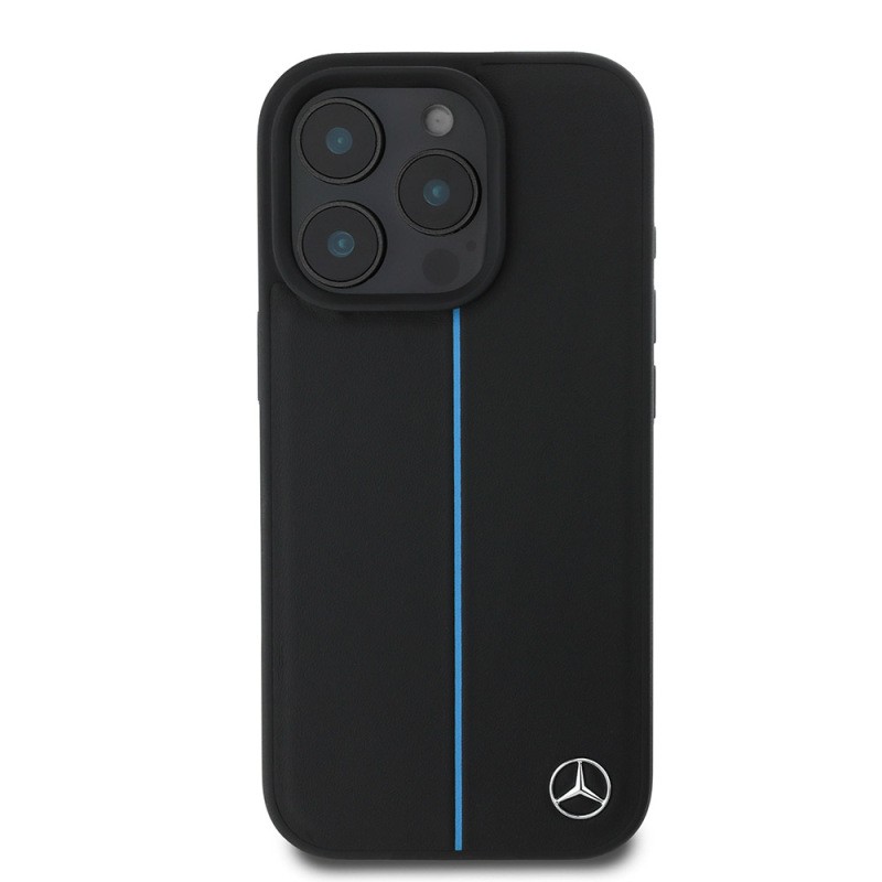 Apple iPhone 16 Pro Max Kılıf Mercedes Benz Orjinal Lisanslı M-safe Şarj Özellikli Metal Yıldız Logolu Mavi Çizgili Deri Kapak - 4