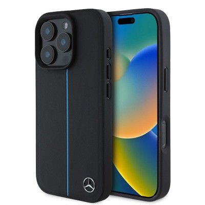 Apple iPhone 16 Pro Max Kılıf Mercedes Benz Orjinal Lisanslı M-safe Şarj Özellikli Metal Yıldız Logolu Mavi Çizgili Deri Kapak Siyah
