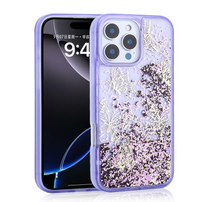 Apple iPhone 16 Pro Max Kılıf Sıvılı Simli Kelebek Baskılı Şeffaf Arka Yüzey Zore Glis Silikon Kapak - 3