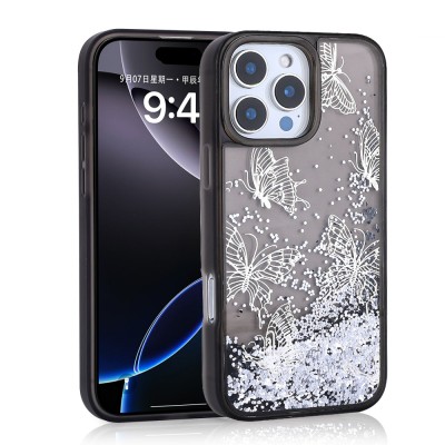 Apple iPhone 16 Pro Max Kılıf Sıvılı Simli Kelebek Baskılı Şeffaf Arka Yüzey Zore Glis Silikon Kapak - 4