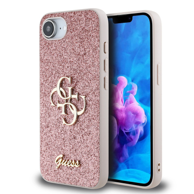 Apple iPhone 16E Kılıf Guess Orjinal Lisanslı 4G Büyük Metal Logolu Glitter Kapak - Guess