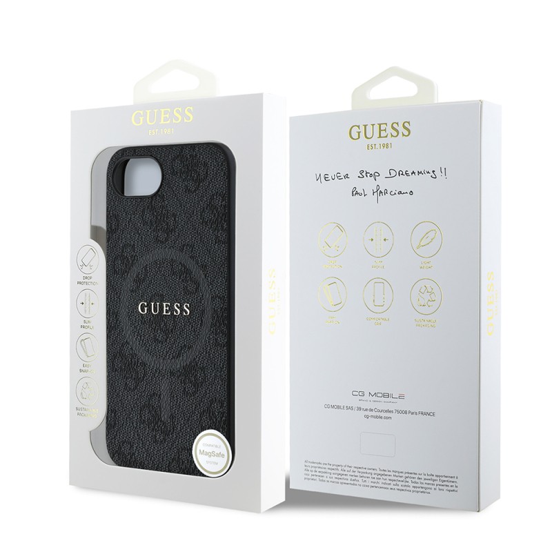 Apple iPhone 16E Kılıf Guess Orjinal Lisanslı M-safe Şarj Özellikli PU Halkalı 4G Desenli Yazı Logolu Kapak - 10