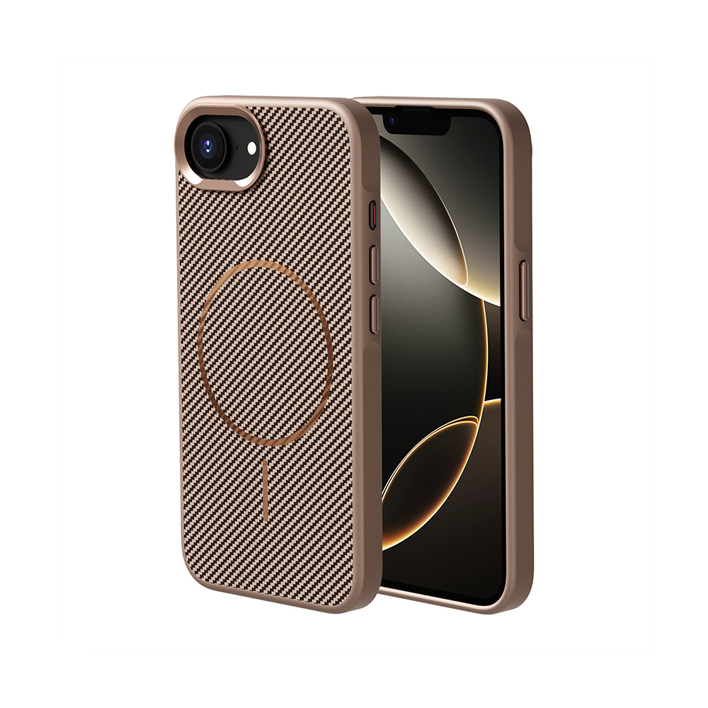 Apple iPhone 16E Kılıf M-safe Şarj Özellikli Karbon Fiber Görünümlü Zore Troy Kapak - Gold