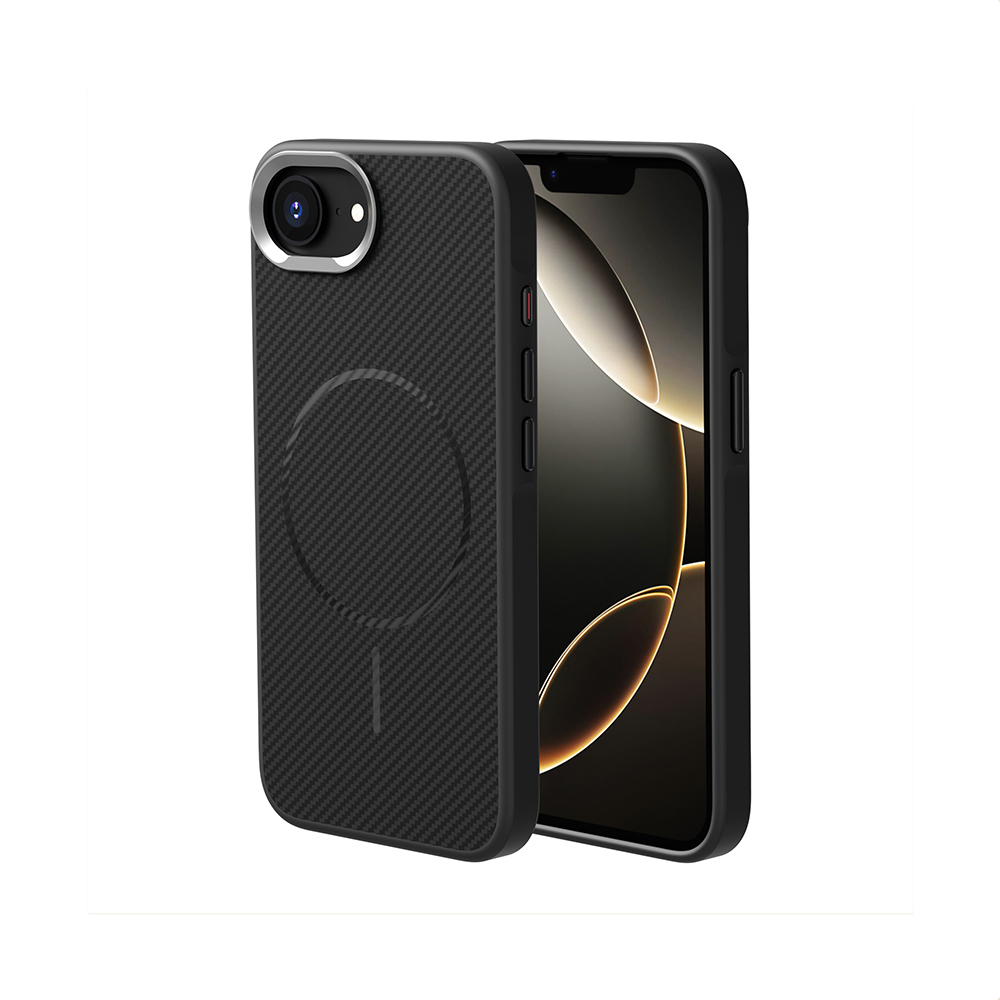 Apple iPhone 16E Kılıf M-safe Şarj Özellikli Karbon Fiber Görünümlü Zore Troy Kapak - Siyah