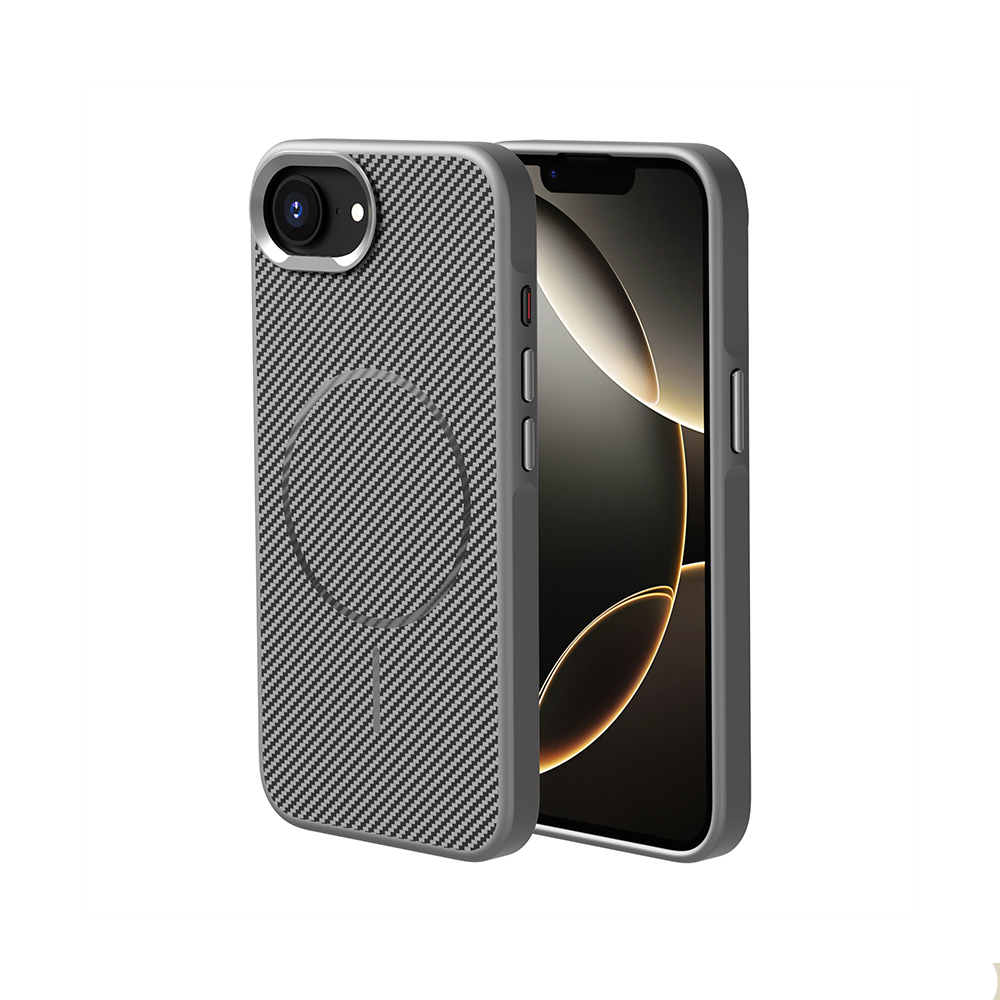 Apple iPhone 16E Kılıf M-safe Şarj Özellikli Karbon Fiber Görünümlü Zore Troy Kapak - Gri