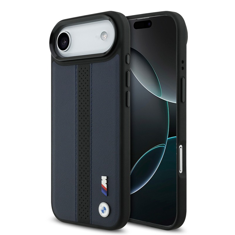 Apple iPhone 17 Air Case BMW Original Licensed M-safe Charging Feature Leather Back Surface Metal Logo Perforated Strip Design Cover - 1