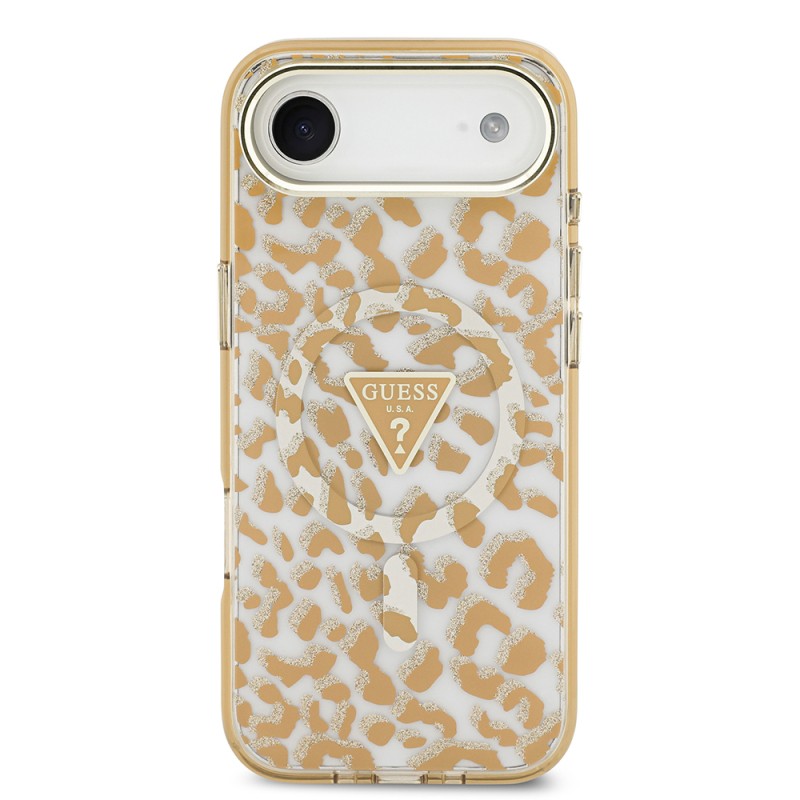 Apple iPhone 17 Air Case Guess Original Licensed M-Safe Charging Feature Triangle Logo Glitter Leopard Pattern Cover - 5
