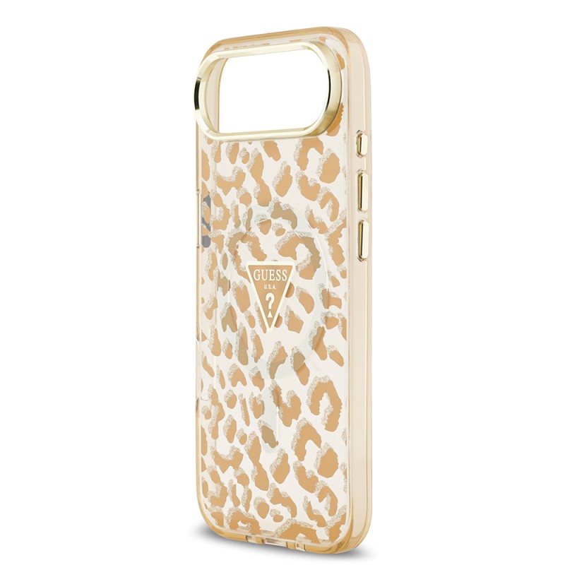 Apple iPhone 17 Air Case Guess Original Licensed M-Safe Charging Feature Triangle Logo Glitter Leopard Pattern Cover - 8