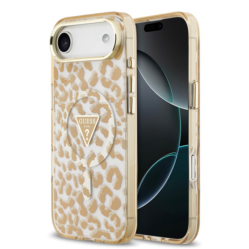 Apple iPhone 17 Air Case Guess Original Licensed M-Safe Charging Feature Triangle Logo Glitter Leopard Pattern Cover - 2