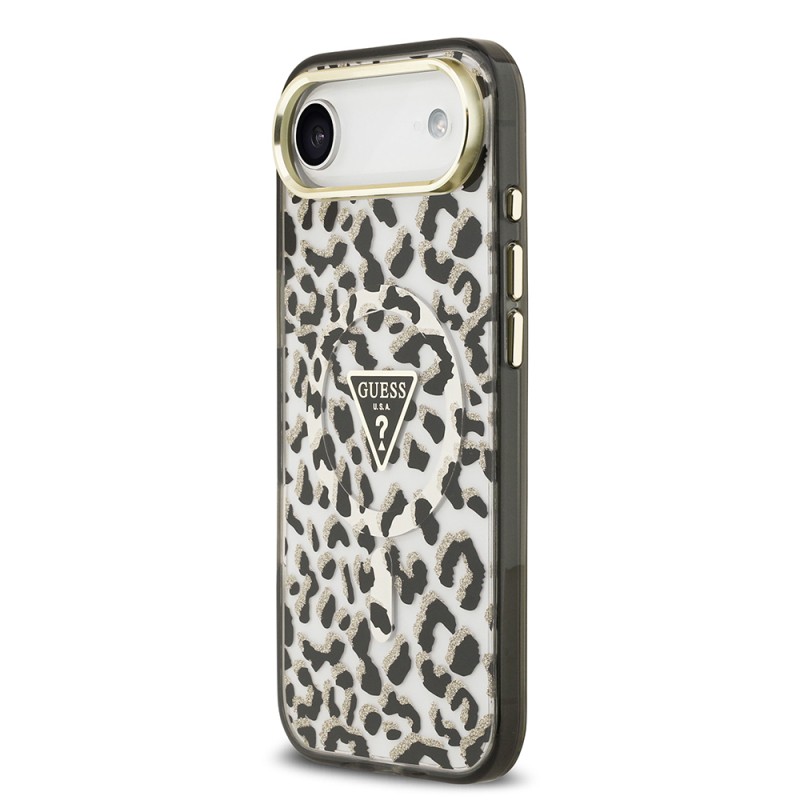 Apple iPhone 17 Air Case Guess Original Licensed M-Safe Charging Feature Triangle Logo Glitter Leopard Pattern Cover - 10