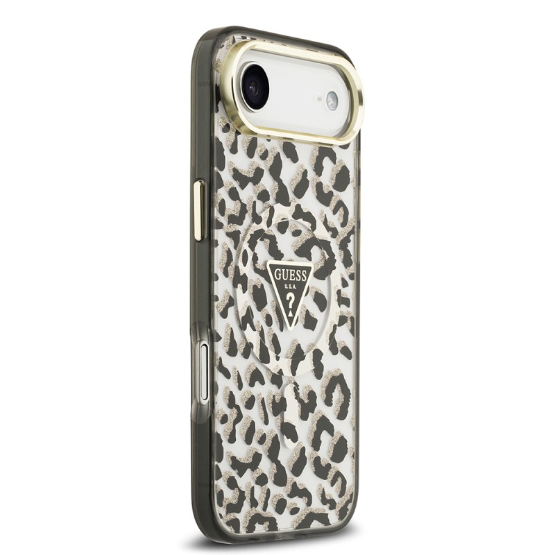Apple iPhone 17 Air Case Guess Original Licensed M-Safe Charging Feature Triangle Logo Glitter Leopard Pattern Cover - 12