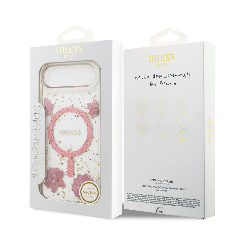 Apple iPhone 17 Air Case Guess Original Licensed M-safe Charging Transparent Resin Flowers Cover - 17