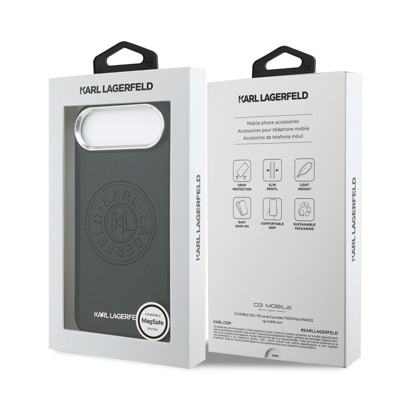 Apple iPhone 17 Air Case Karl Lagerfeld Original Licensed M-safe Charging Feature Perforated Design Metal Logo PU Leather Cover - 9