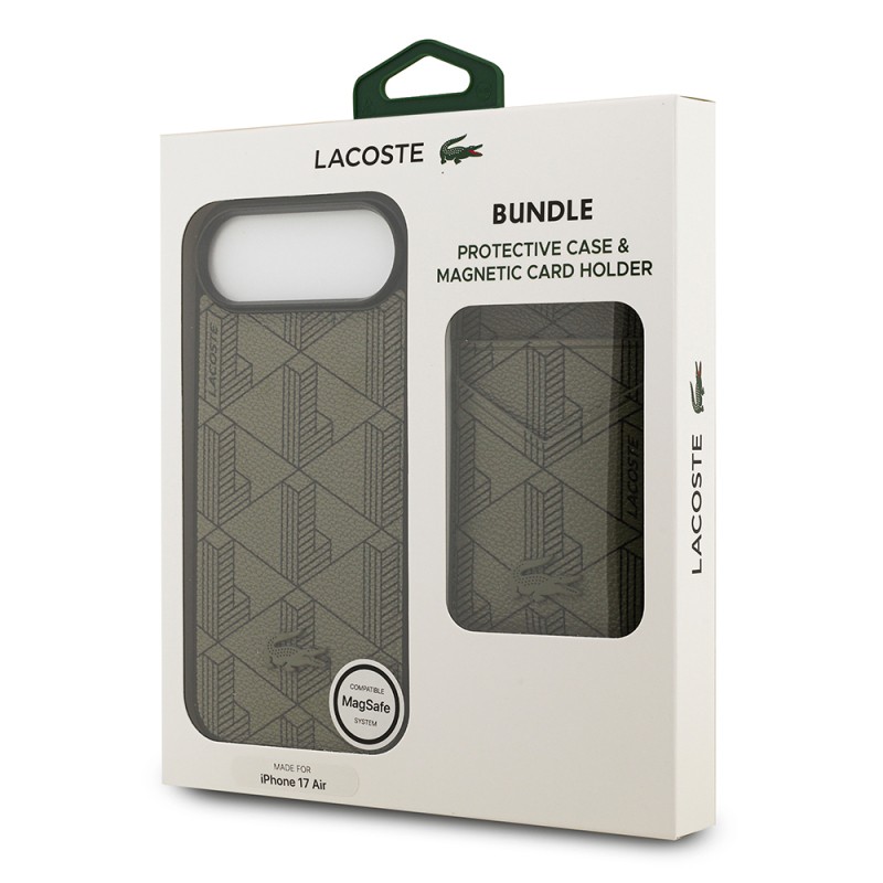 Apple iPhone 17 Air Case Lacoste Original Licensed M-Safe Charging Feature PU Leather Design Card Holder Mixed Monogram Pattern Cover - 22