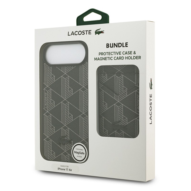 Apple iPhone 17 Air Case Lacoste Original Licensed M-Safe Charging Feature PU Leather Design Card Holder Mixed Monogram Pattern Cover - 23