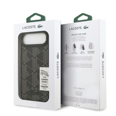 Apple iPhone 17 Air Case Lacoste Original Licensed M-safe Charging Stand PU Leather Mixed Monogram Pattern Cover - 9