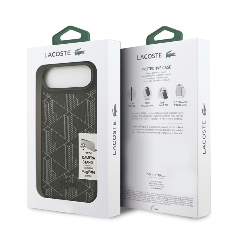Apple iPhone 17 Air Case Lacoste Original Licensed M-safe Charging Stand PU Leather Mixed Monogram Pattern Cover - 9